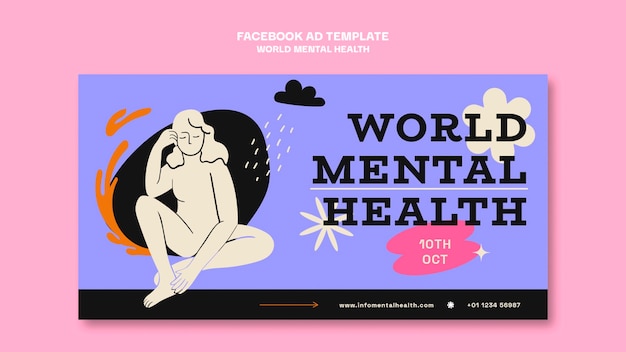 Flat design mental health day facebook template