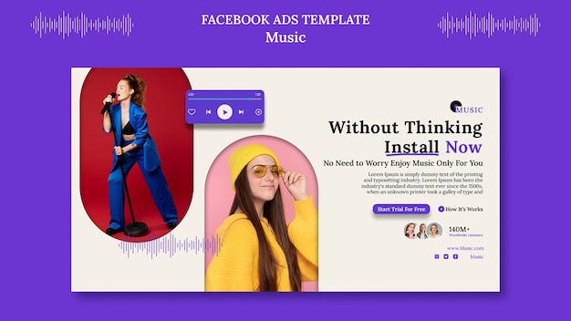 PSD gratuito modello facebook per app di musica dal design piatto