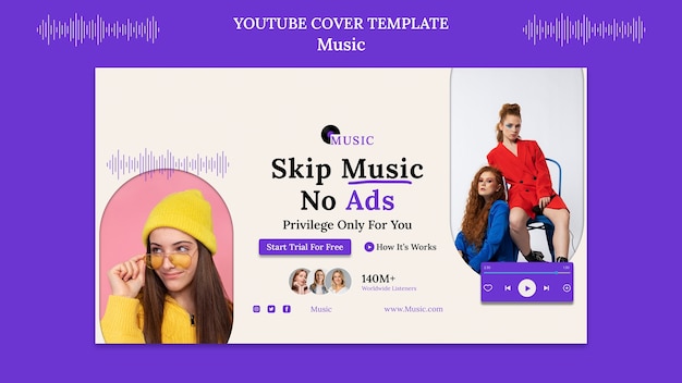 Бесплатный PSD Обложка youtube музыкального приложения с плоским дизайном