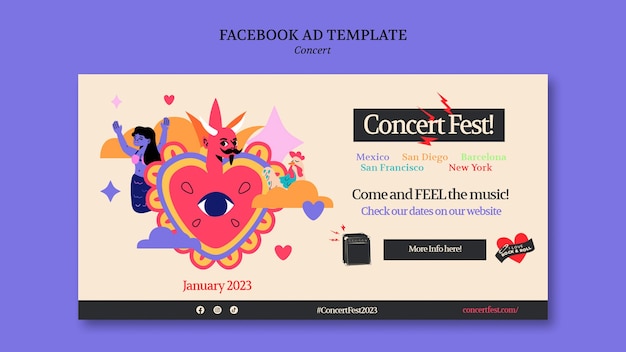 PSD gratuito modello facebook di concerto di musica design piatto