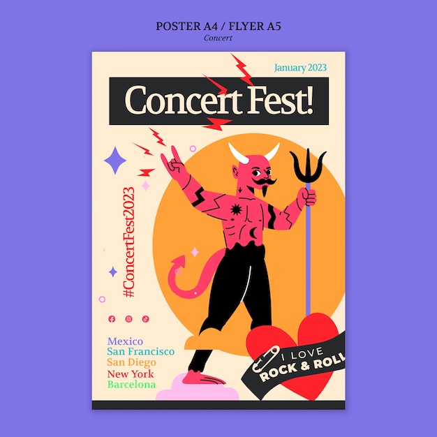 Бесплатный PSD Шаблон плаката музыкального концерта в плоском дизайне