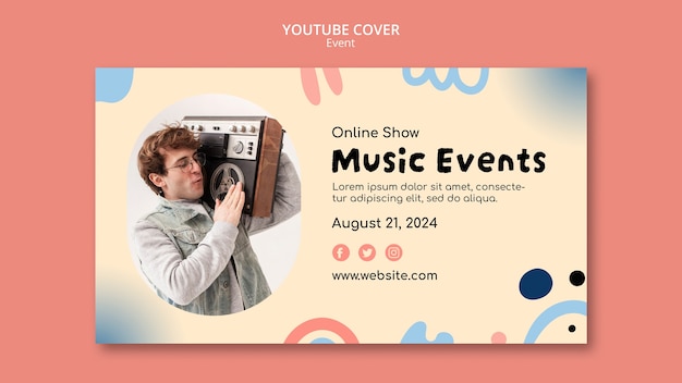 Бесплатный PSD Обложка youtube музыкального события в плоском дизайне