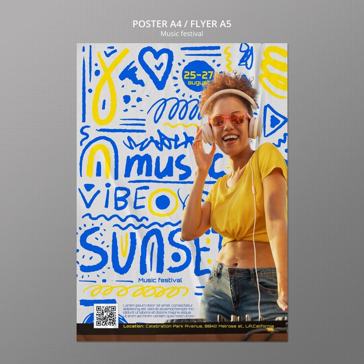 Free PSD flat design music festival poster template