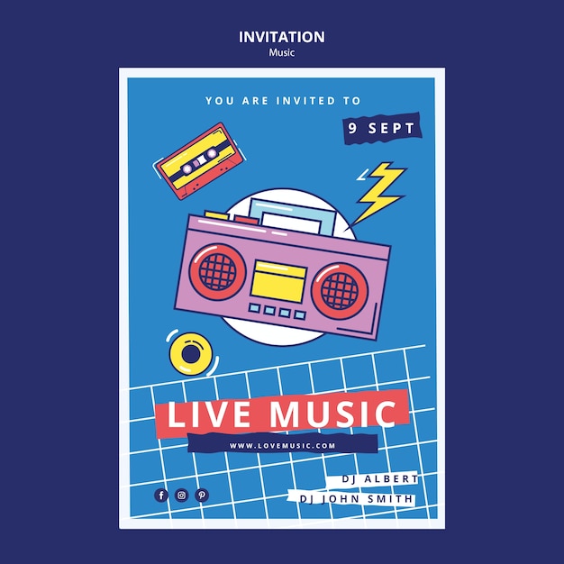 Free PSD flat design music invitation template