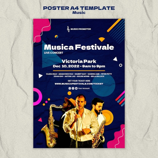 Бесплатный PSD Шаблон музыкального плаката в плоском дизайне