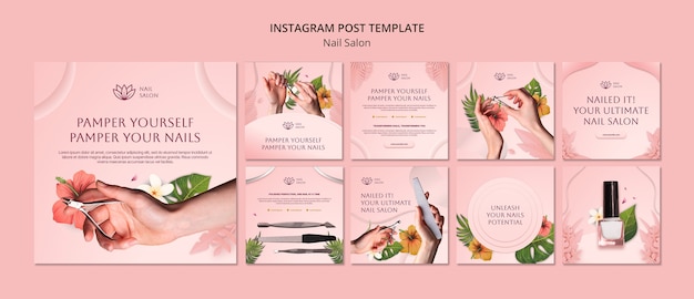 Free PSD flat design nail salon  instagram posts