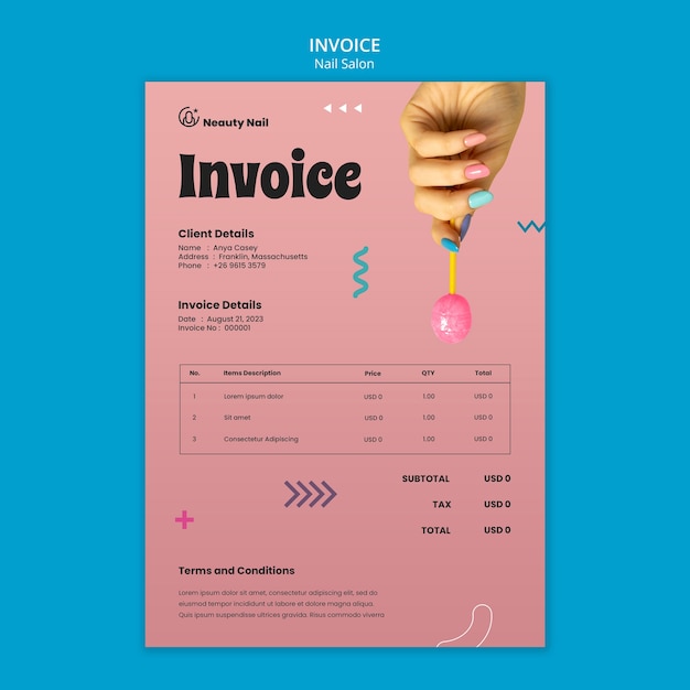 Free PSD flat design nail salon invoice template