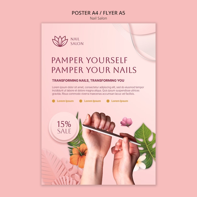 Free PSD flat design nail salon poster template