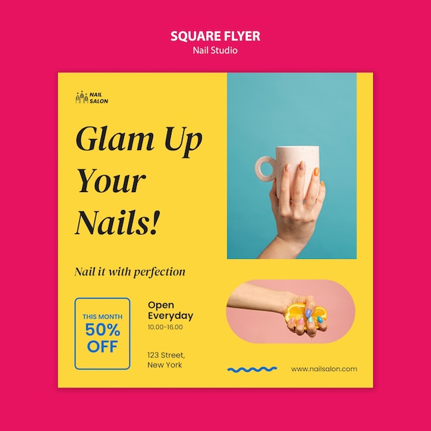 Free PSD flat design nail salon square flyer