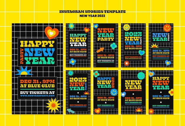 PSD gratuito storie di instagram del nuovo anno 2023 di design piatto