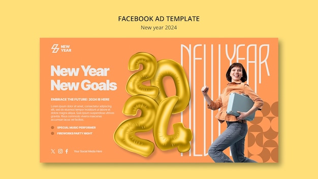 無料PSD フラットなデザインの新年 2024 facebook テンプレート