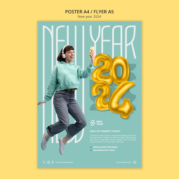 Free PSD flat design  new year 2024 poster template