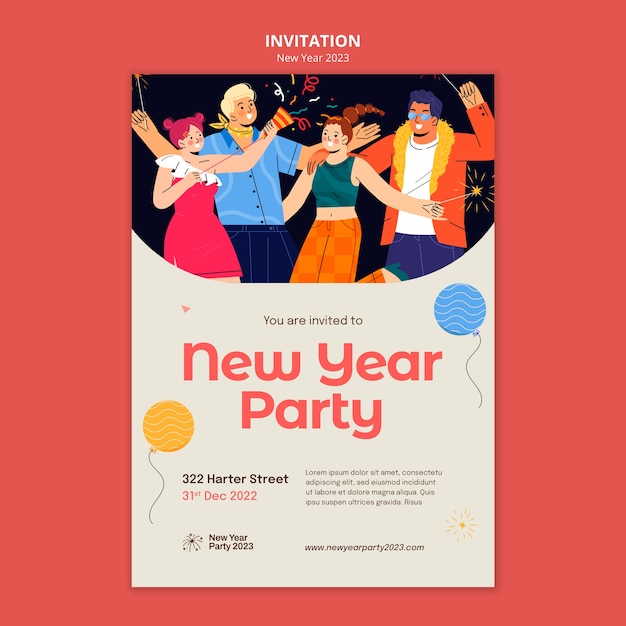 Free PSD flat design new year celebration invitation template