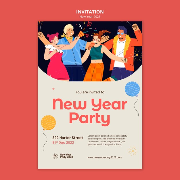 Flat design new year celebration invitation template