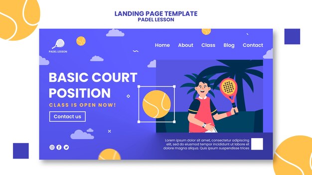 Шаблон целевой страницы уроков паддл-тенниса в плоском дизайне