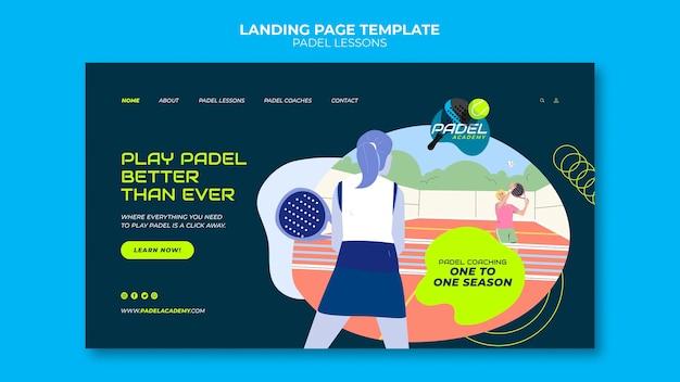 Flat design paddle tennis lessons landing page template