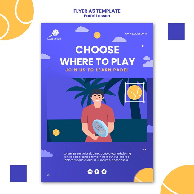 flat design paddle tennis lessons poster or flyer template
