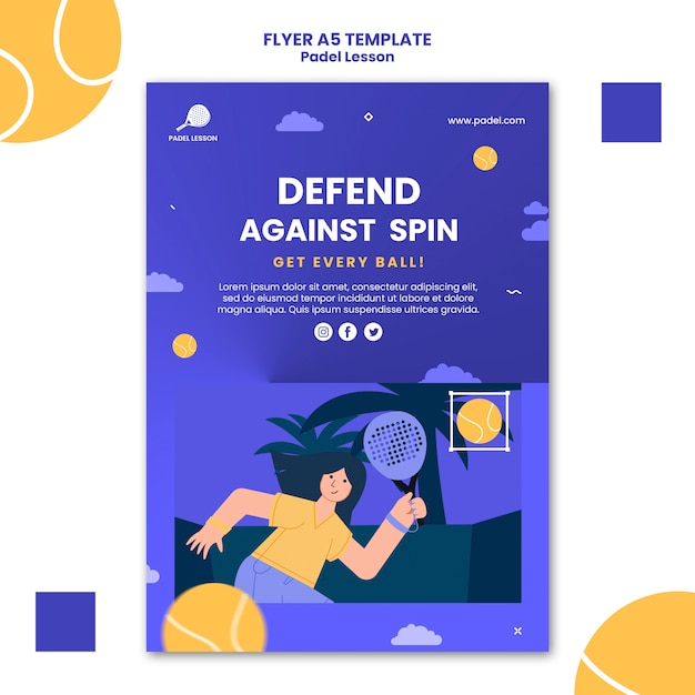 Flat design paddle tennis lessons poster or flyer template