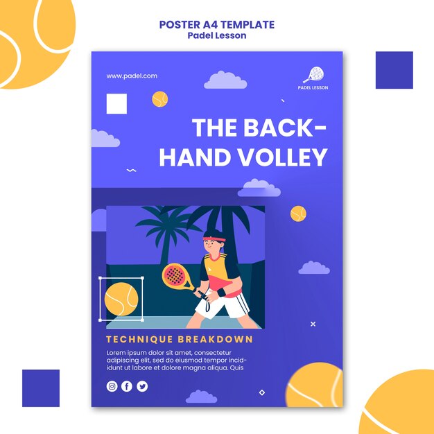 Flat design paddle tennis lessons poster or flyer template