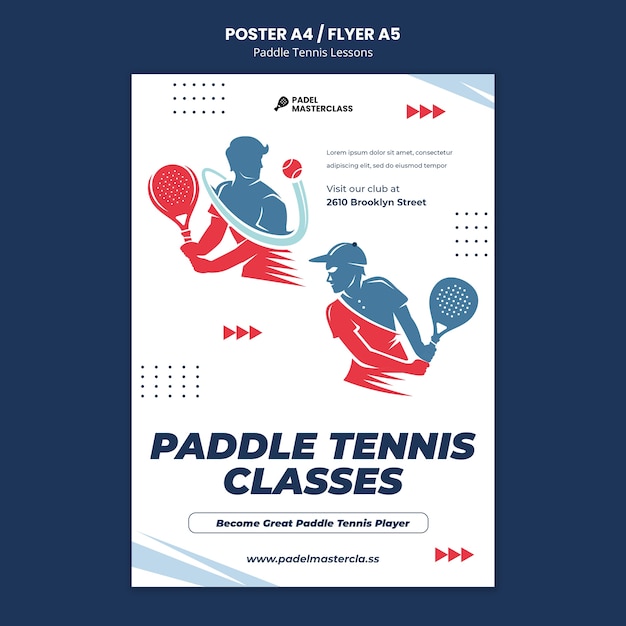 PSD gratuito modello di poster o volantino per lezioni di paddle tennis dal design piatto