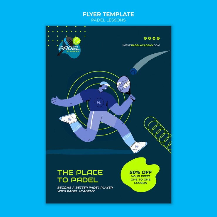 Free PSD flat design paddle tennis lessons poster or flyer template
