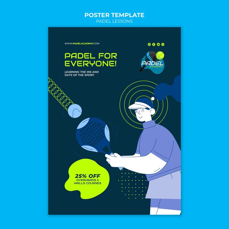 Free PSD flat design paddle tennis lessons poster or flyer template