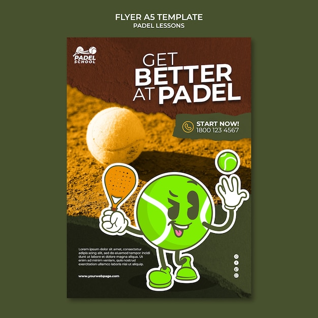 Modello di poster o volantino per lezioni di paddle tennis dal design piatto