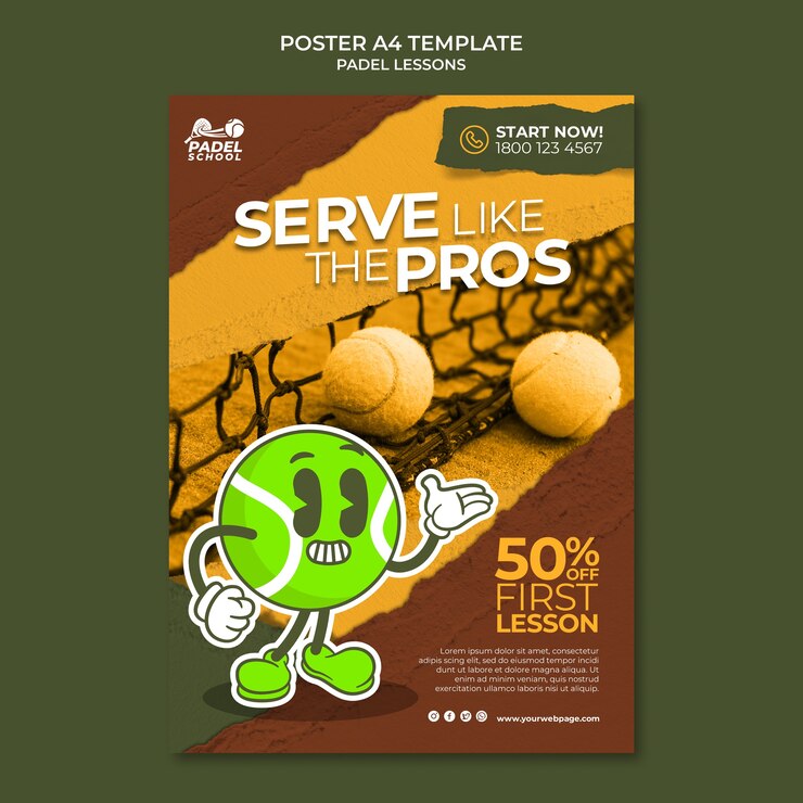 मुफ़्त PSD flat design paddle tennis lessons poster or flyer template