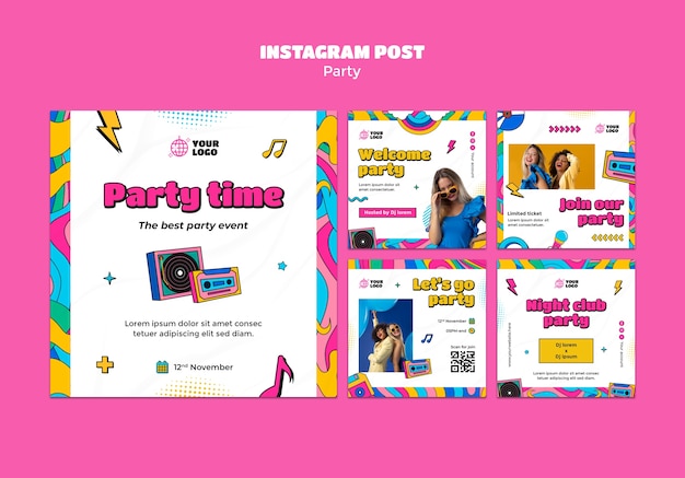 Бесплатный PSD Плоский дизайн празднования вечеринки в instagram посты