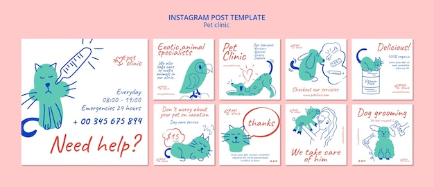 Flat design pet clinic instagram post template