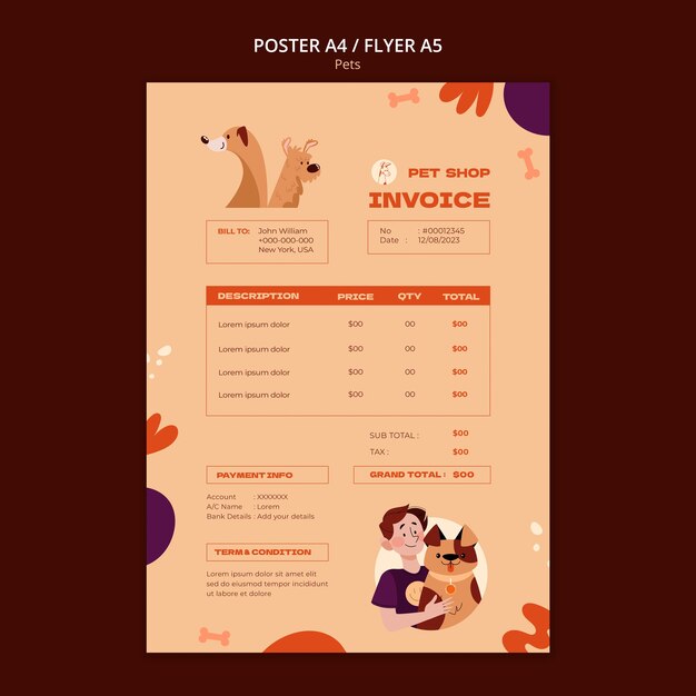 Flat design pet invoice template