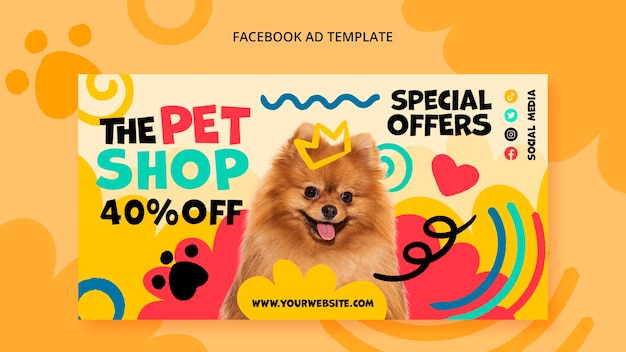 Modello facebook del negozio di animali dal design piatto