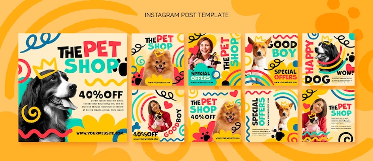 Бесплатный PSD плоский дизайн зоомагазин instagram посты шаблон