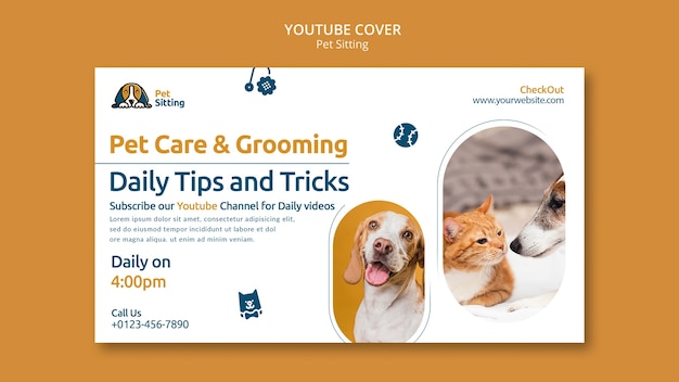 PSD gratuito modello di copertina per youtube per animali domestici dal design piatto