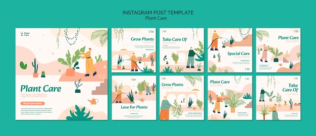 Бесплатный PSD Плоский дизайн постов по уходу за растениями в instagram