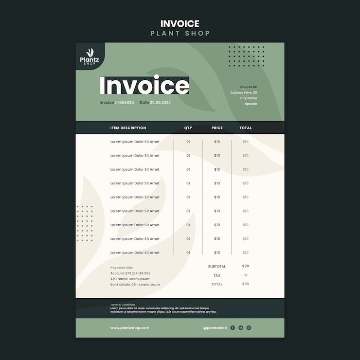 Free PSD flat design plant care invoice template