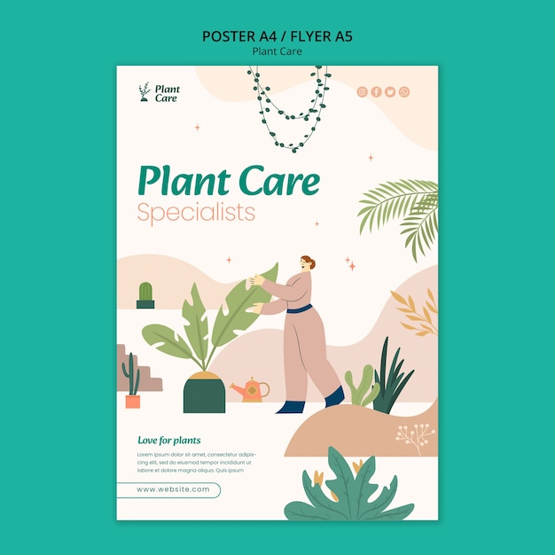 Modello di poster per la cura delle piante dal design piatto