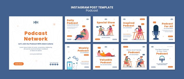 Free PSD flat design podcast on air instagram posts template