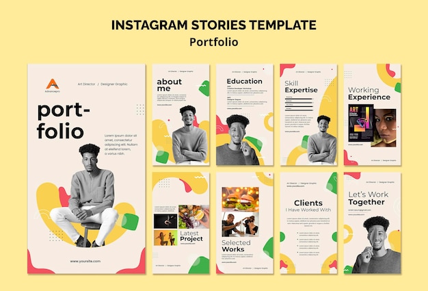 PSD gratuito design piatto del modello di storie di portfolio insta