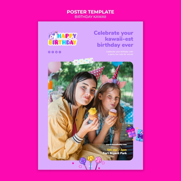 Free PSD flat design poster birthday template