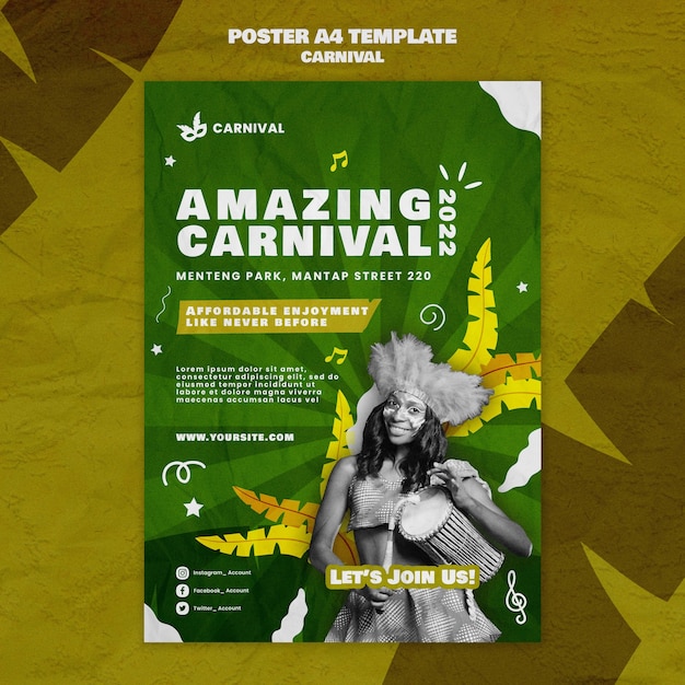 PSD gratuito modello di carnevale poster design piatto