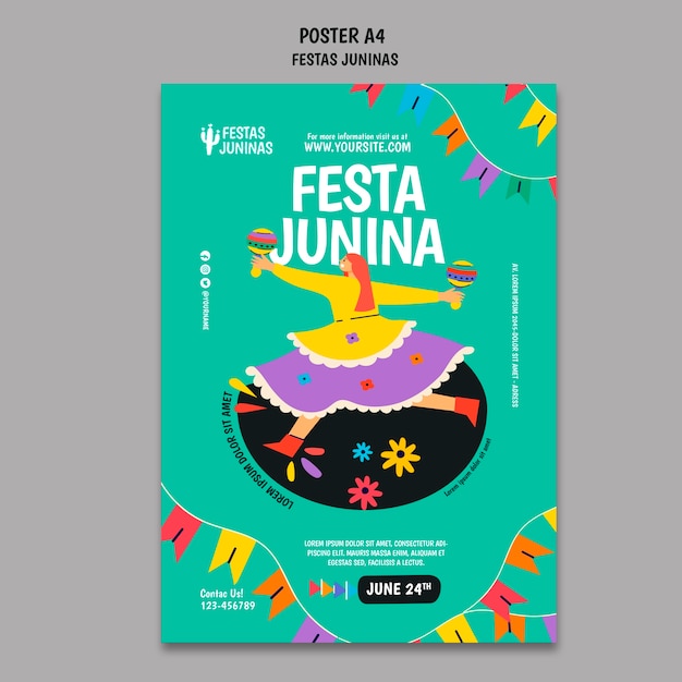 Бесплатный PSD Шаблон плаката festas juninas в плоском дизайне