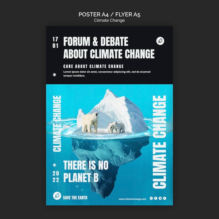 Free PSD flat design poster and flyer climate change template