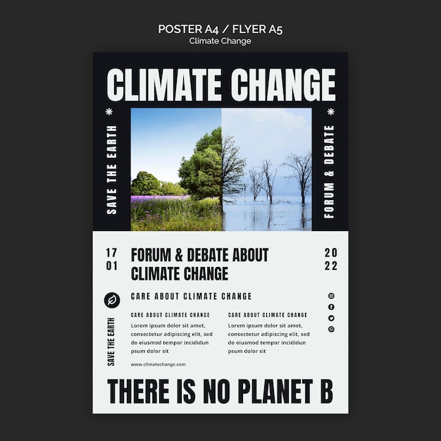 Modello di poster e volantino di design piatto sul cambiamento climatico