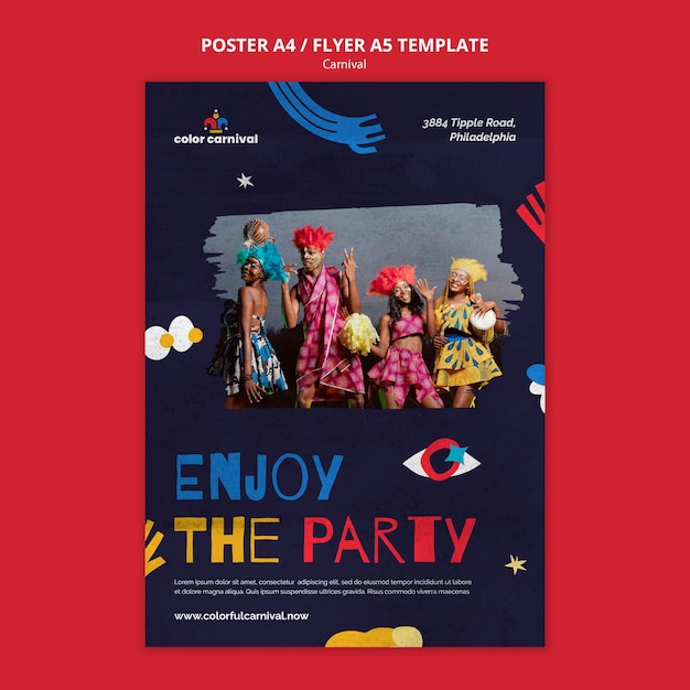 PSD gratuito poster di design piatto o modello di carnevale volantino