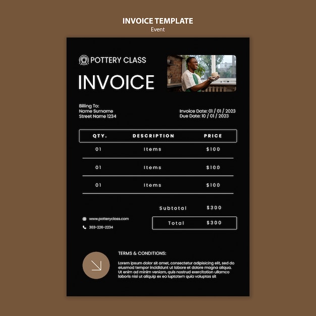 Flat design pottery class invoice template