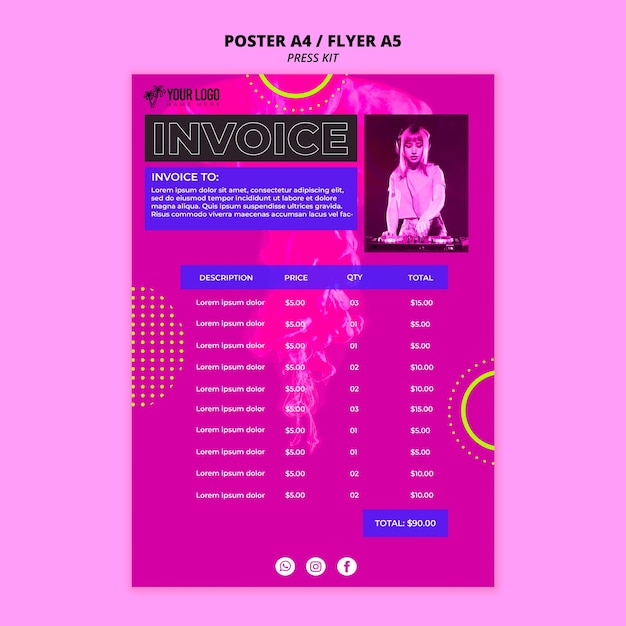 Free PSD flat design press kit invoice template