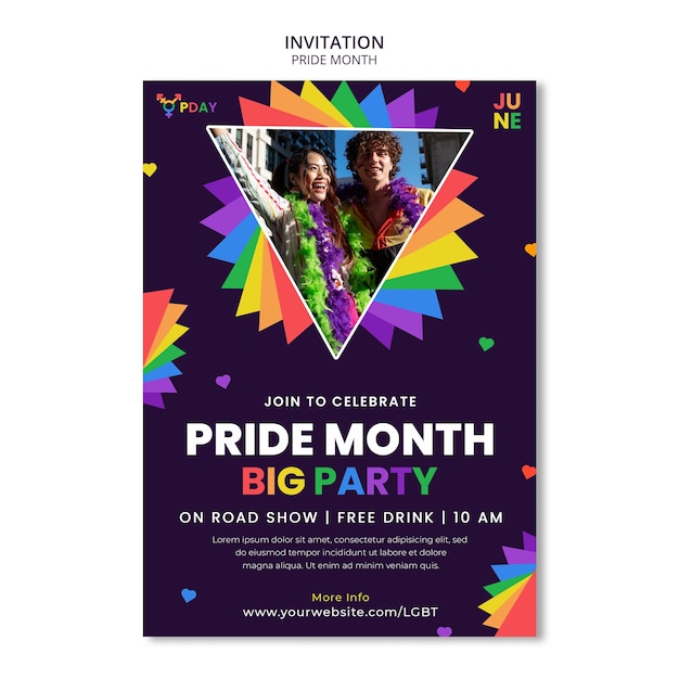 Free PSD flat design pride month invitation template