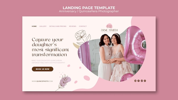 PSD gratuito modello di pagina di destinazione quinceanera dal design piatto