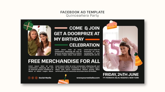 Free PSD flat design quinceañera party facebook template